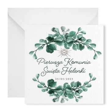 Zaproszenie na Komunię Personalizowane + koperta Zielone liście EUKALIPTUS