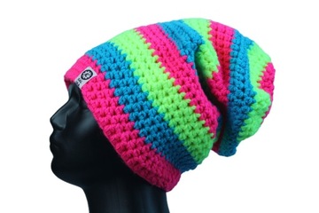 Czapka handmade krasnal podszyta polarem XL neonowa