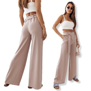 MATERIAŁOWE MODNE ELEGANCKIE SZEROKIE SPODNIE SZWEDY PASEK CAPPUCINO S/36