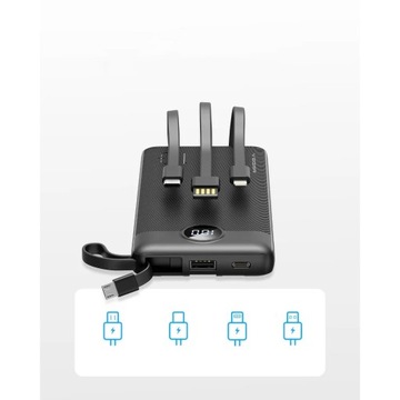 VEGER C10 Powerbank 10000 мАч, встроенный Lightning, USB-кабель типа C.