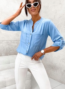 DAMSKA ELEGANCKA BLUZKA KOSZULA LUŹNA OZDOBNE GUZIKI PL PROD NIEBIESKA L