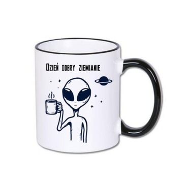 Kubek witajcie ziemianie kosmita i kawka kawa barista kosmos UFO
