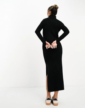 Asos Design NH2 hwj dzianinowa czarna midi sukienka prążki rozcięcie golf M