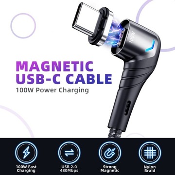 Угловой магнитный кабель USB C - USB-C 100 Вт 5 А PD QC4 для телефона, ноутбука