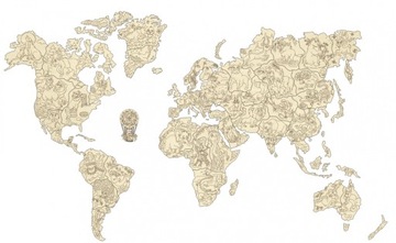 Mapa Świata na ścianę Zwierzęta 57x38cm Drewniana