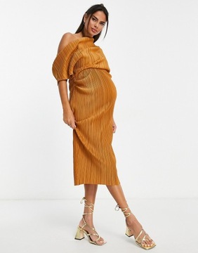 DESIGNex Maternity plisowana sukienka midi na jedno ramię XS