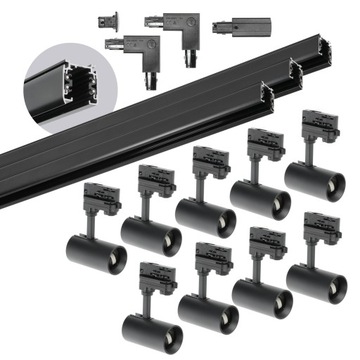 Zestaw szynowy 3 fazowy 9x Lampa GU10 + 3x szyna 1m + 2x łącznik L CZARNY