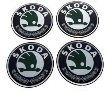 Skoda NAKLEJKI EMBLEMATY 56mm 4SZT ALUMINIOWE Dekle dekielki