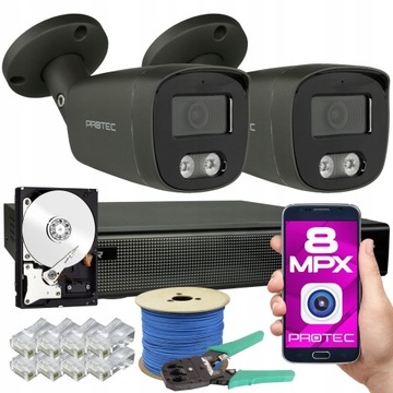 Zestaw do monitoringu IP 2 kamery 8Mpx zewnętrzne PoE 4K grafitowe dysk 1TB