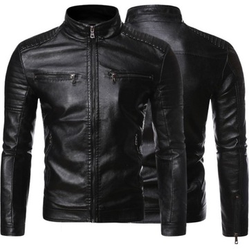 WIOSNĘ JESIEŃ Męska czarna przejściowa skórzana kurtka motocyklowa w paski