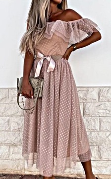 MD zwiewna różowa sukienka hiszpanka pasek XL/42