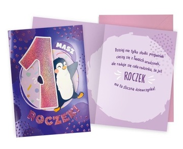 Karnet DKP-032 Urodziny 1 (roczek, cyferki, pingwi