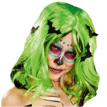PERUKA długie włosy ZIELONE nietoperze HALLOWEEN