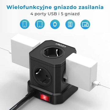 Черный удлинитель Voomy PowerCube S6 с одним USB-C и тремя USB-A