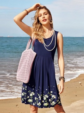 sukienki plażowe w stylu casual, w kwiaty, plisowane Midi bez rękawów, XXL