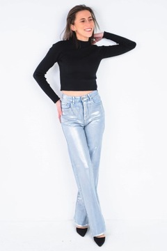 Damskie szerokie spodnie srebrne jeansy metaliczne dzwony wysoki stan S
