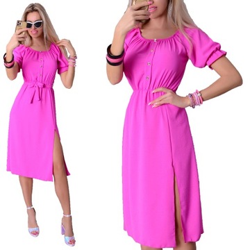 STYLOWA SUKIENKA CUDNY DEKOLT MODNA FUKSJA ROZPOREK KOMUNIA do4XL 207