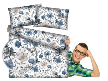 POŚCIEL BAWEŁNIANA W KWIATY ROŚLINNY WZÓR HIBISKUS NIEBIESKA 160x200 CM