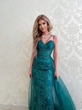 Fara BUTELKOWA ZIELEŃ DŁUGA SUKIENKA Z TIULEM M