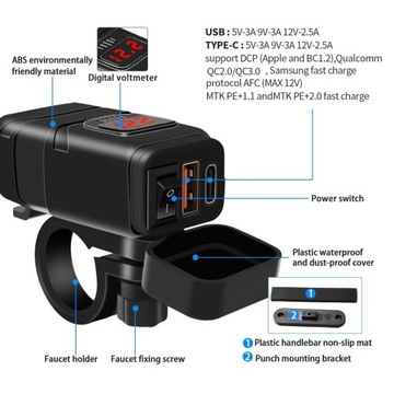 ŁADOWARKA MOTOCYKLOWA WOLTOMIERZ USB + USB-C typ C QC 3.0