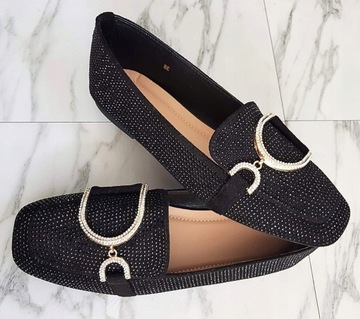 Czarne Buty Baleriny Loafersy Mokasyny Cyrkonie Ozdobne Klamerki 37