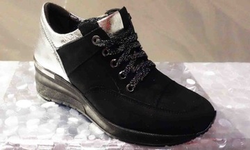 SKÓRZANE damskie SPORTOWE CREEPERSY czarno+srebro 36