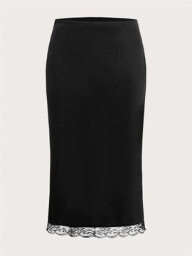 SHEIN CZARNA SATYNOWA PROSTA SPÓDNICA Z KORONKĄ S 51221