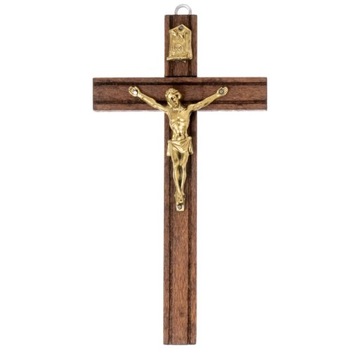 Krzyż na ścianę mały drewniany brązowy frezowany