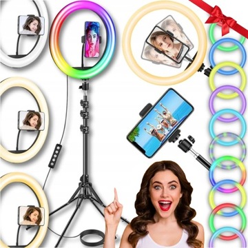 LAMPA PIERŚCIENIOWA DUŻA RGB LED ZE STATYWEM 220cm SELFIE MAKIJAŻ Premium