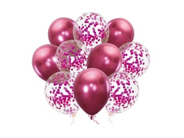 Zestaw balonów ciemnoróżowy chrom + przeźroczyte z konfetti -30 cm- 10 szt.