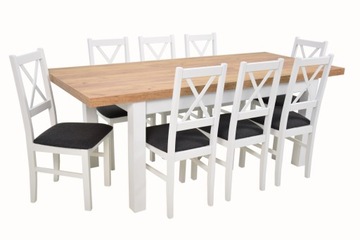 duży KOMPLET 8x białe krzesła z krzyżem + duży stół rozkładany 90x160/210