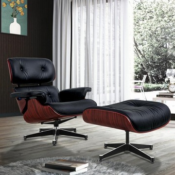 Fotel Eames Lounge Chair, czarny, naturalna skóra bydlęca ciemny palisander
