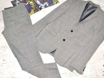 H&M elegancki SZARY garnitur W KRATKĘ 50% wełna SLIM FIT piękny R. 48