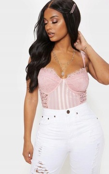 Prettylittlething isy body ramiączkach na siateczka koronka różowe L NG4