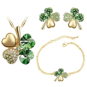 Złoty komplet biżuterii koniczynki zielone cyrkonie koniczyna