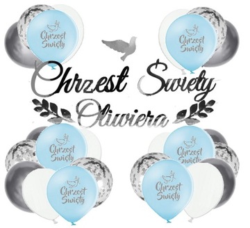 Balony srebrne CHRZCINY dekoracje CHRZEST IMIĘ