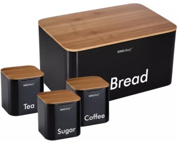 Bread Box in set with containers, black, steel - bamboo Kinghoff
