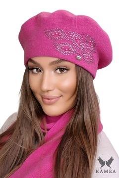 HEIDI zimowy beret damski kolor malinowy, KAMEA