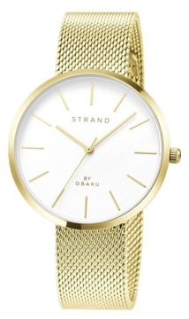 Złoty klasyczny zegarek damski na bransolecie mesh Strand Denmark + GRAWER