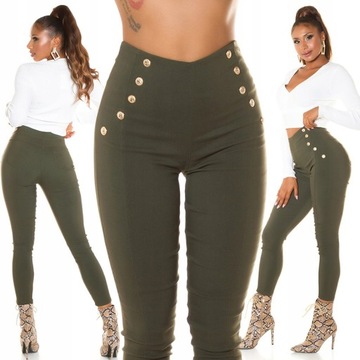 W747 KHAKI ELEGANCKIE LEGGINSY SPODNIE GUZIKI wysoki stan damskie 40 L/XL