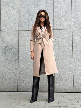 Elegancki płaszcz damski długi, wiązany, flauszowy, klasyczny beżowy L