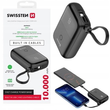 Powerbank SWISSTEN 10000 mAh KOMPAKTOWY zintegrowany kabel USB-C LIGHTNING