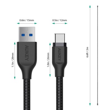 Кабель Aukey USB-A - USB-C, 5Гбит/с, QC 15Вт, плетеный 2м