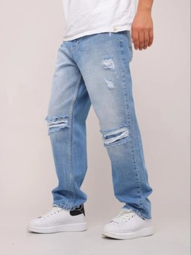 SZEROKIE SPODNIE MĘSKIE JEANSOWE BAGGY i8 Denim WYTARCIA STYL Niebieskie 32