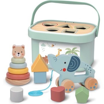 SORTER KLOCKÓW ZESTAW SENSORYCZNY DLA NIEMOWLĄT PIRAMIDKA BOX 3w1 WOOPIE