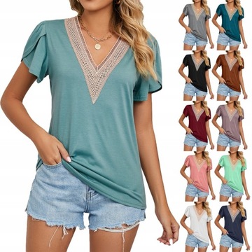 Gold Lace V-Neck Short Sleeve Solid T-Shirt 6XL