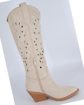 ДЛИННЫЕ АЖУРНЫЕ ЖЕНСКИЕ ЗАМШЕВЫЕ БОТИНКИ, БЕЖЕВЫЙ 40