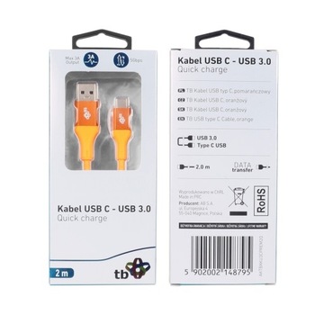 Kabel USB 3.0 - USB C 2m PREMIUM 3A pomarańczowy