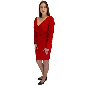Dopasowana Prążkowana Sukienka z Wiązaniem Czerwona M (38)