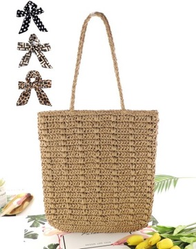 ZAPINANA TOREBKA NA RAMIĘ ETNO KOSZYK PLECIONA TRAWA RAFFIA DUŻA +APASZKA